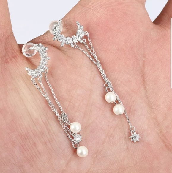 Moon & stars white Topaz & pearl dangle earrings - Picture 2 of 3